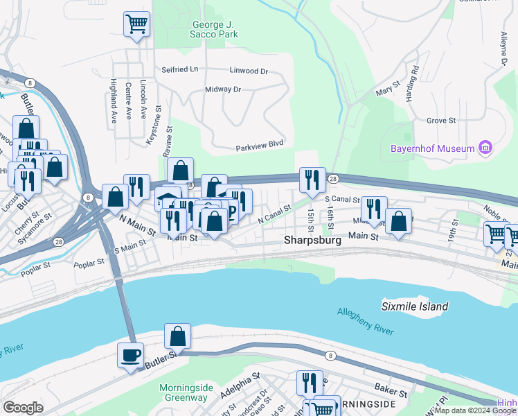 map of restaurants, bars, coffee shops, grocery stores, and more near 211 12th Street in Sharpsburg