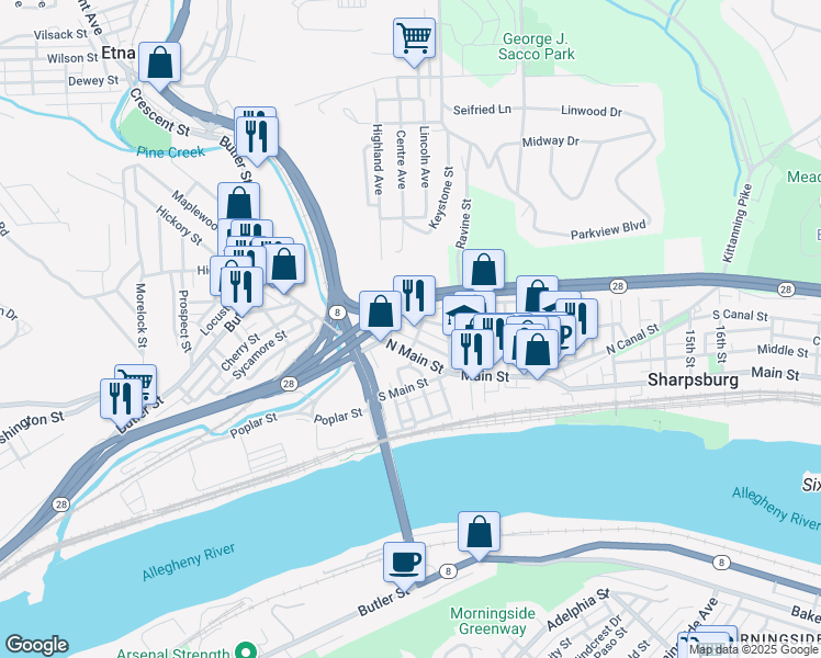 map of restaurants, bars, coffee shops, grocery stores, and more near 108a North Main Street in Sharpsburg