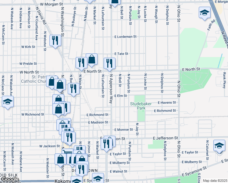map of restaurants, bars, coffee shops, grocery stores, and more near 1047 North Apperson Way in Kokomo
