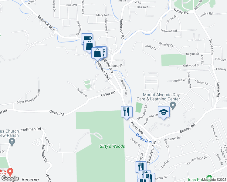 map of restaurants, bars, coffee shops, grocery stores, and more near 1063 Geyer Road in Pittsburgh