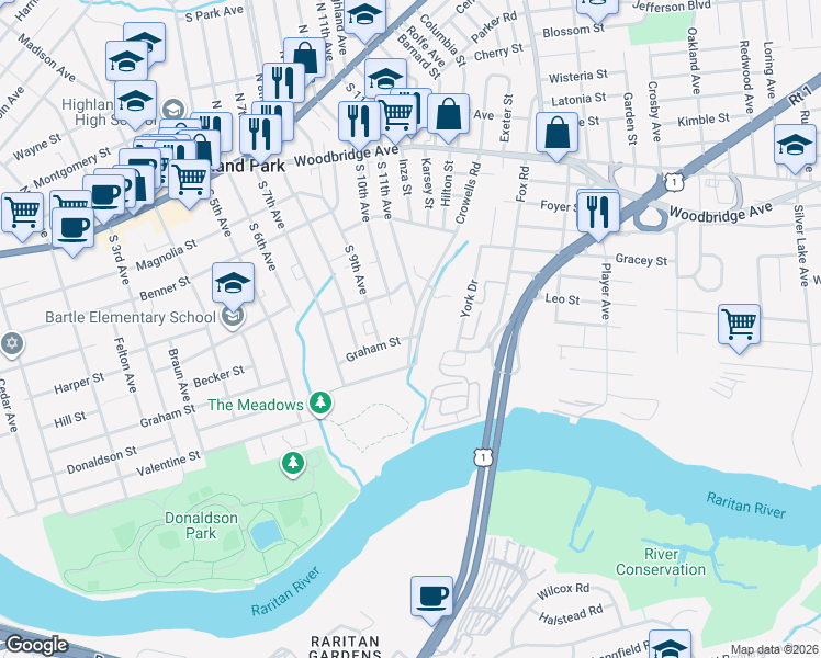 map of restaurants, bars, coffee shops, grocery stores, and more near 354 Crowells Road in Highland Park