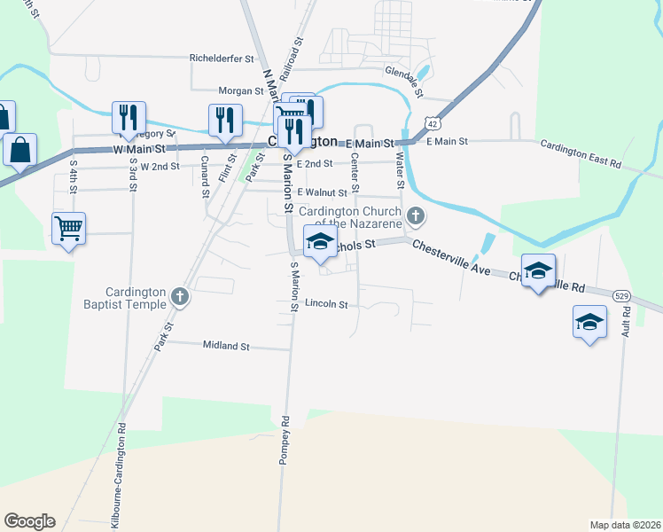 map of restaurants, bars, coffee shops, grocery stores, and more near 121 Nichols Street in Cardington