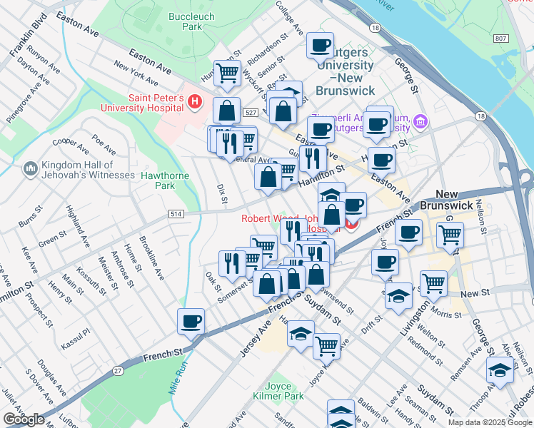 map of restaurants, bars, coffee shops, grocery stores, and more near 81 Louis Street in New Brunswick