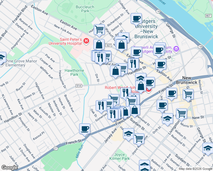 map of restaurants, bars, coffee shops, grocery stores, and more near 274 Hamilton Street in New Brunswick