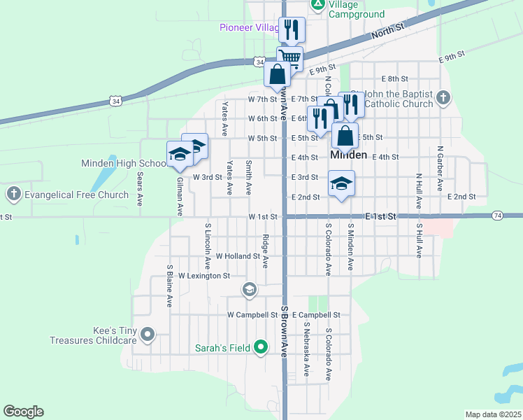 map of restaurants, bars, coffee shops, grocery stores, and more near 239 West 1st Street in Minden