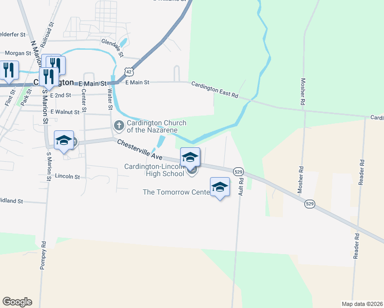 map of restaurants, bars, coffee shops, grocery stores, and more near 2801 Ohio 529 in Cardington