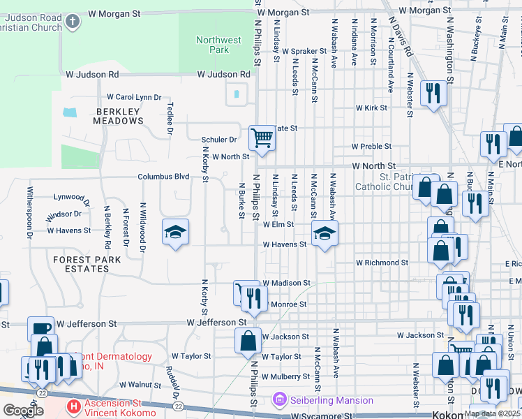 map of restaurants, bars, coffee shops, grocery stores, and more near 1118 North Philips Street in Kokomo
