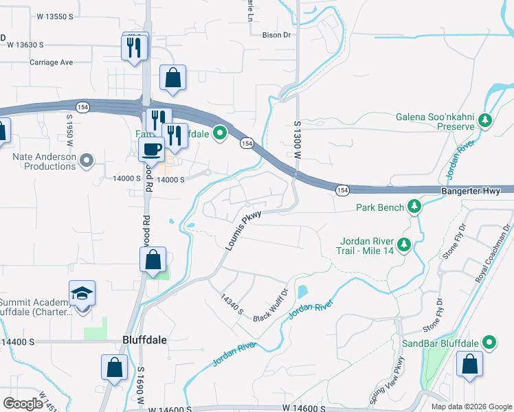 map of restaurants, bars, coffee shops, grocery stores, and more near 14070 1300 West in Riverton