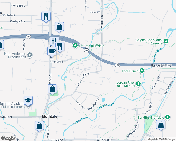 map of restaurants, bars, coffee shops, grocery stores, and more near 1421 West Rutherford Avenue in Bluffdale