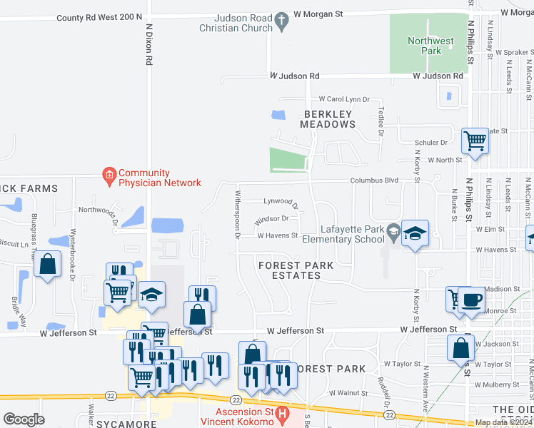 map of restaurants, bars, coffee shops, grocery stores, and more near 1930 Windsor Drive in Kokomo