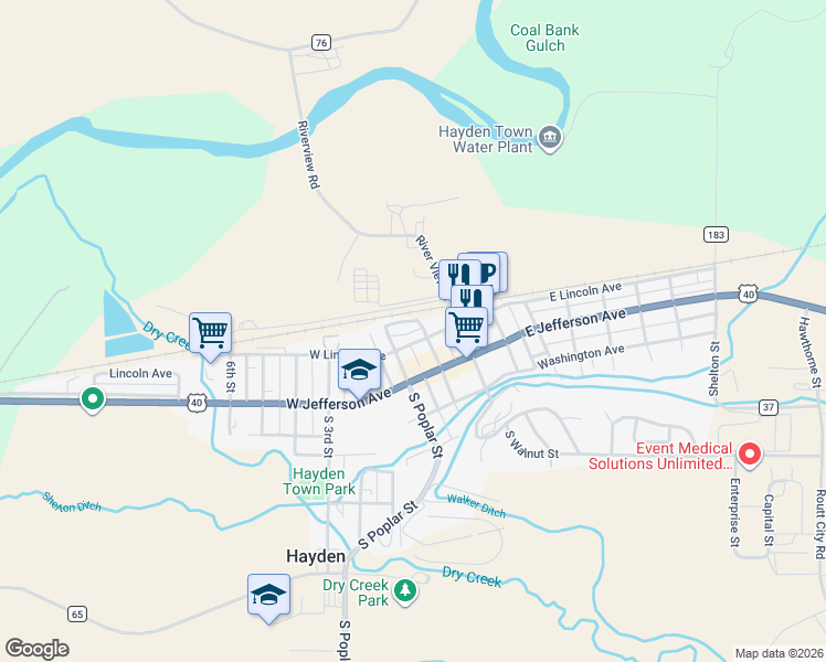 map of restaurants, bars, coffee shops, grocery stores, and more near 290 West Lincoln Avenue in Hayden