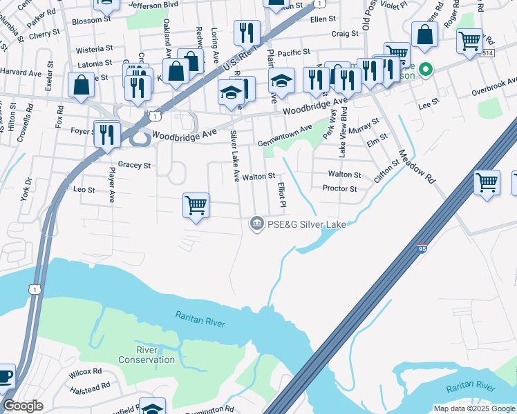 map of restaurants, bars, coffee shops, grocery stores, and more near 61 Columbus Avenue in Edison