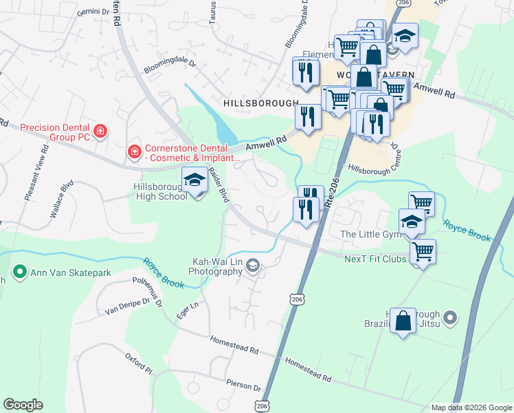 map of restaurants, bars, coffee shops, grocery stores, and more near 105 Crickhollow Court in Somerset County