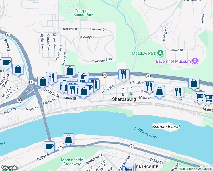 map of restaurants, bars, coffee shops, grocery stores, and more near 1306 North Canal Street in Pittsburgh