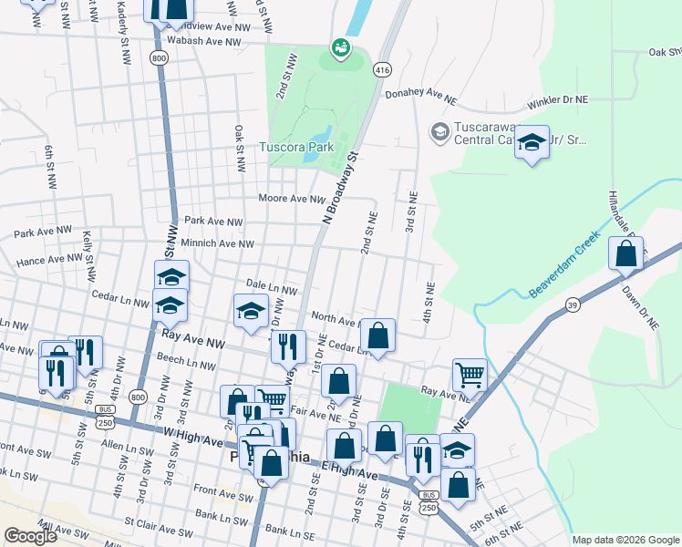 map of restaurants, bars, coffee shops, grocery stores, and more near 435 1st Drive Northwest in New Philadelphia