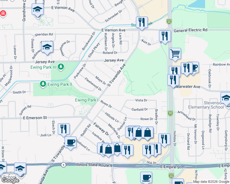 map of restaurants, bars, coffee shops, grocery stores, and more near 5 Cherrywood Lane in Bloomington
