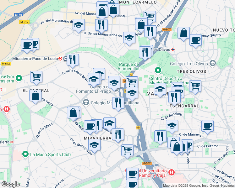 map of restaurants, bars, coffee shops, grocery stores, and more near 2 Calle de la Costa Brava in Madrid