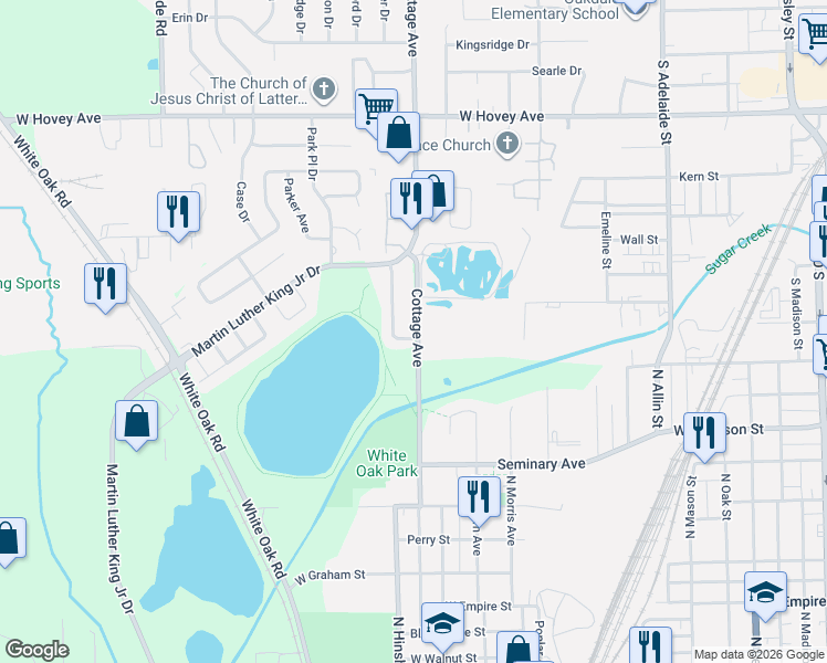 map of restaurants, bars, coffee shops, grocery stores, and more near 8 Parkshores Drive in Bloomington