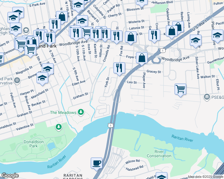 map of restaurants, bars, coffee shops, grocery stores, and more near 72 Fox Road in Edison