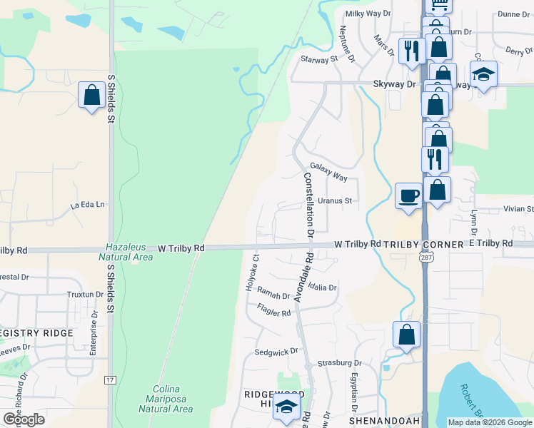 map of restaurants, bars, coffee shops, grocery stores, and more near 6508 Fossil Crest Drive in Fort Collins