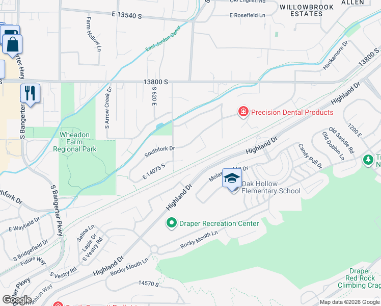 map of restaurants, bars, coffee shops, grocery stores, and more near 718 Peak View Circle in Draper