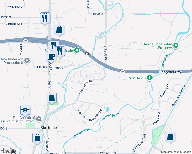 map of restaurants, bars, coffee shops, grocery stores, and more near 14070 1300 West in Riverton