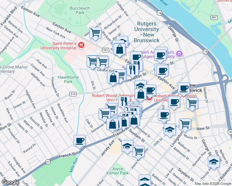 map of restaurants, bars, coffee shops, grocery stores, and more near 77 Harvey Street in New Brunswick