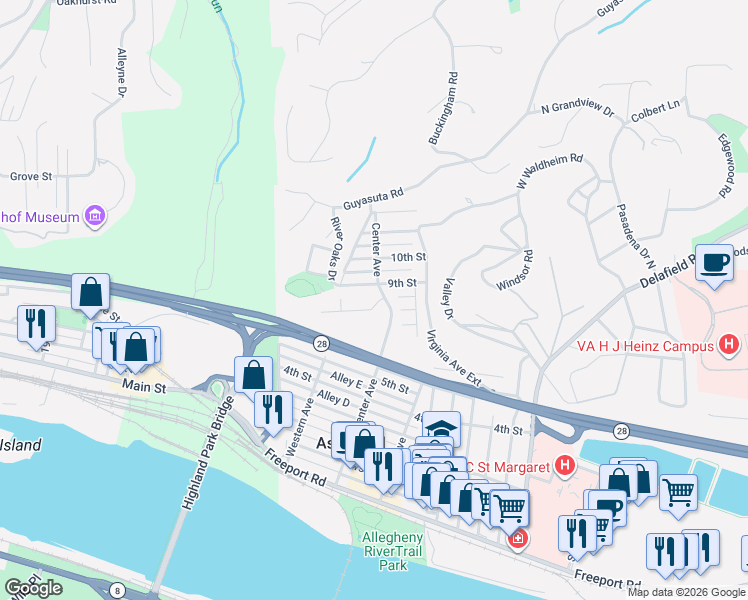 map of restaurants, bars, coffee shops, grocery stores, and more near 705 Center Avenue in Aspinwall