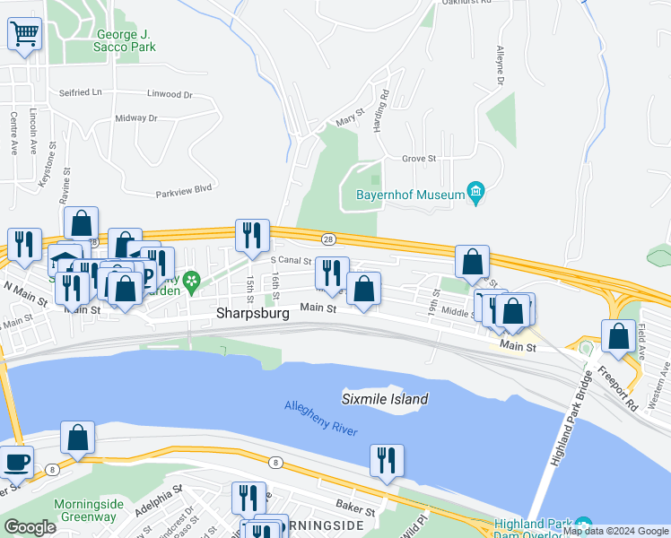 map of restaurants, bars, coffee shops, grocery stores, and more near 1708 Middle Street in Pittsburgh