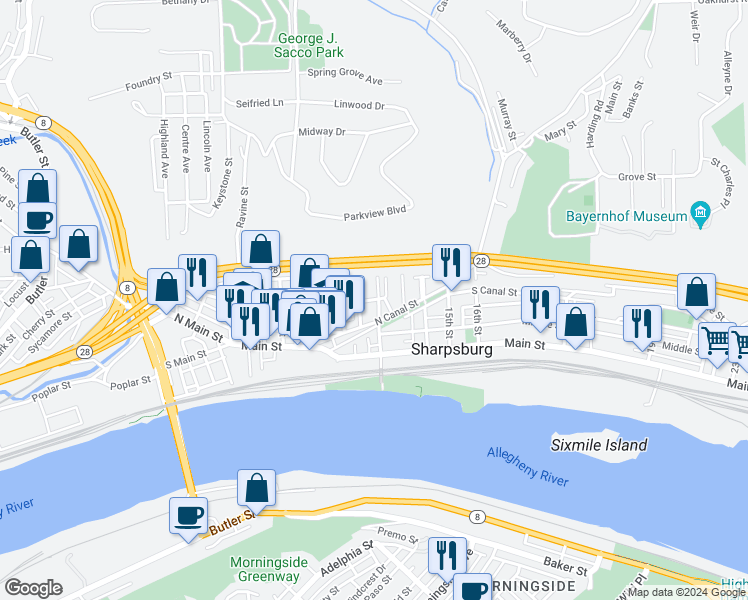 map of restaurants, bars, coffee shops, grocery stores, and more near 211 12th Street in Sharpsburg