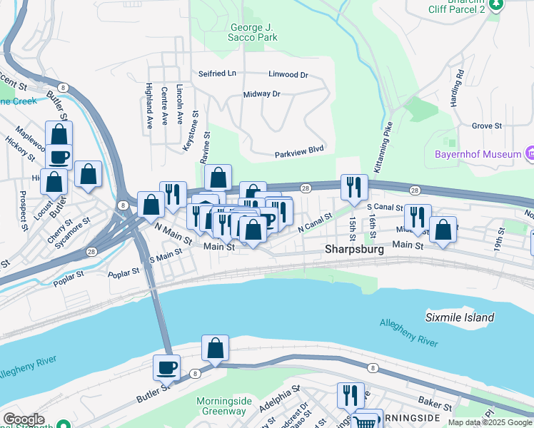 map of restaurants, bars, coffee shops, grocery stores, and more near 211 Linden Avenue in Pittsburgh