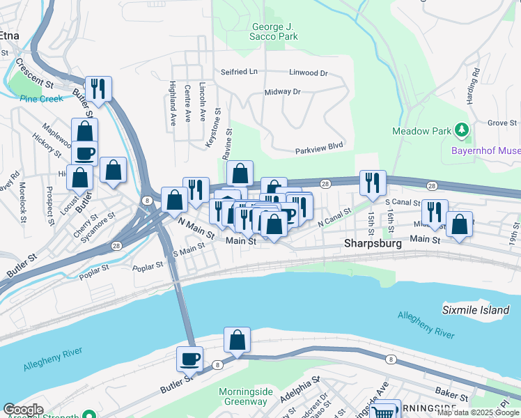 map of restaurants, bars, coffee shops, grocery stores, and more near 220 9th Street in Sharpsburg