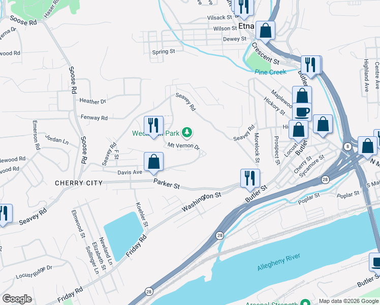map of restaurants, bars, coffee shops, grocery stores, and more near 252 Mount Vernon Drive in Pittsburgh