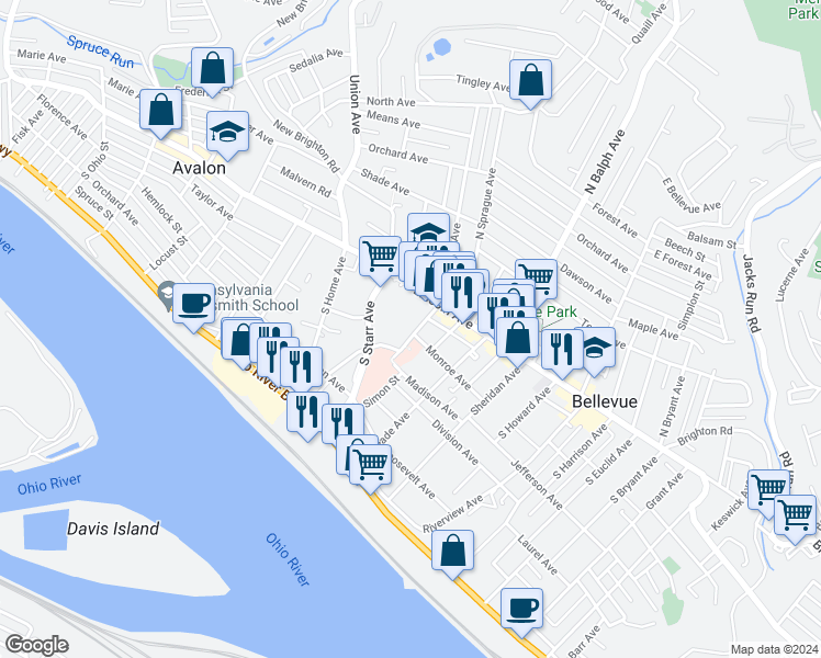 map of restaurants, bars, coffee shops, grocery stores, and more near 60 South Jackson Avenue in Pittsburgh