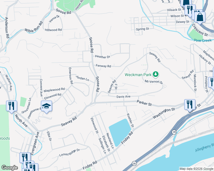 map of restaurants, bars, coffee shops, grocery stores, and more near 508 Seavey Road in Pittsburgh