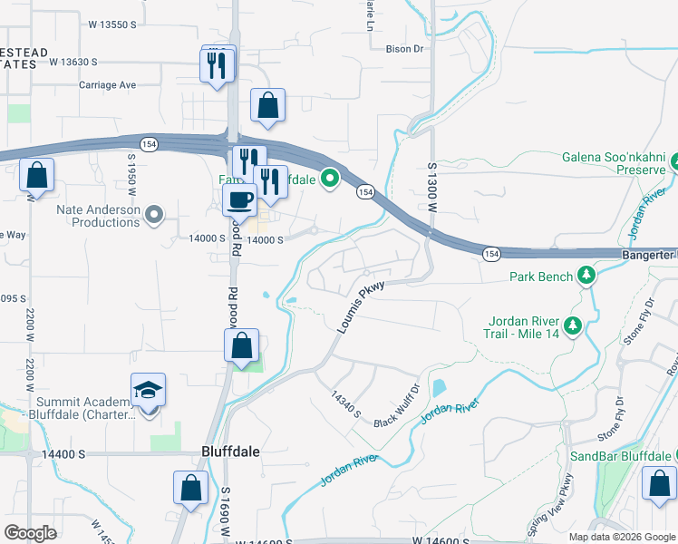 map of restaurants, bars, coffee shops, grocery stores, and more near 14083 South Rutherford Avenue in Riverton