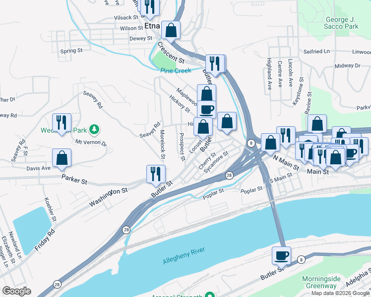 map of restaurants, bars, coffee shops, grocery stores, and more near 301 Butler Street in Pittsburgh