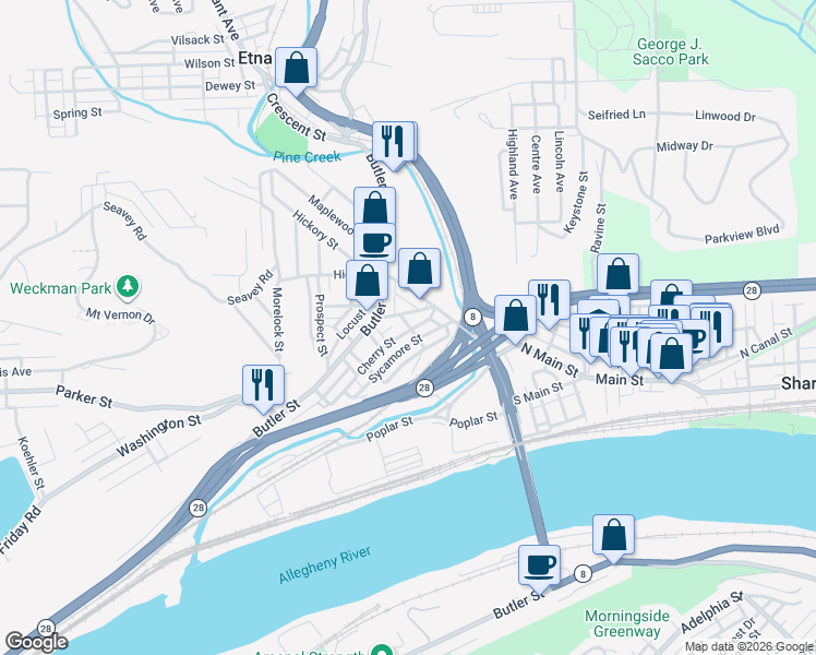 map of restaurants, bars, coffee shops, grocery stores, and more near 47 Sycamore Street in Etna
