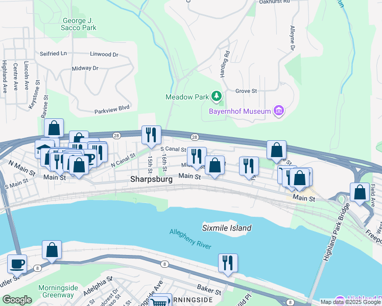 map of restaurants, bars, coffee shops, grocery stores, and more near 1708 Middle Street in Pittsburgh