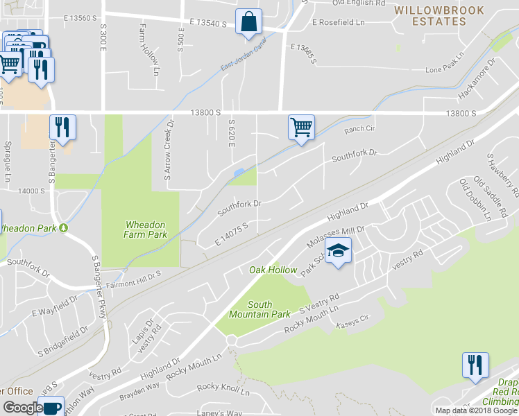 map of restaurants, bars, coffee shops, grocery stores, and more near 642 Southfork Drive in Draper