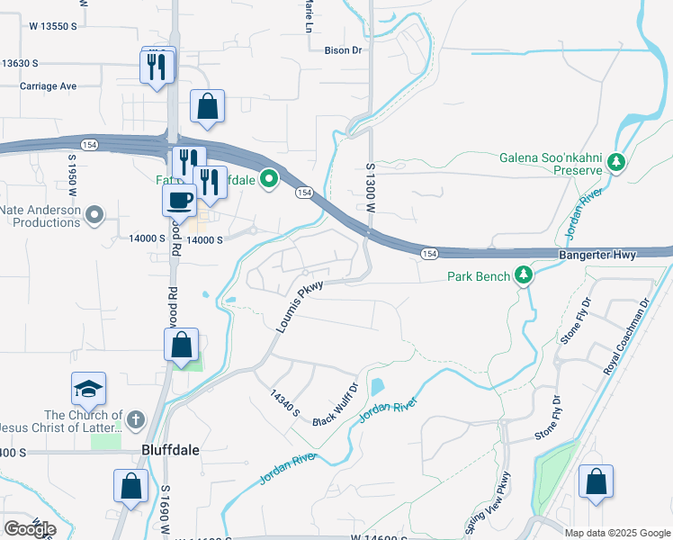 map of restaurants, bars, coffee shops, grocery stores, and more near 14070 1300 West in Riverton