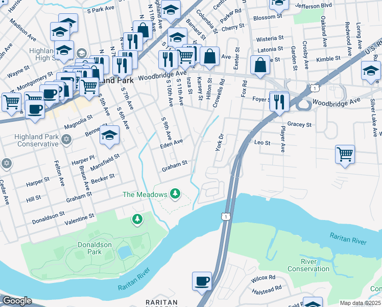 map of restaurants, bars, coffee shops, grocery stores, and more near 354 Crowells Road in Highland Park
