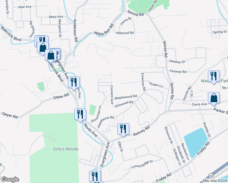 map of restaurants, bars, coffee shops, grocery stores, and more near 102 Convent Avenue in Pittsburgh