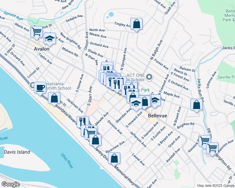 map of restaurants, bars, coffee shops, grocery stores, and more near 17 Meade Avenue in Pittsburgh
