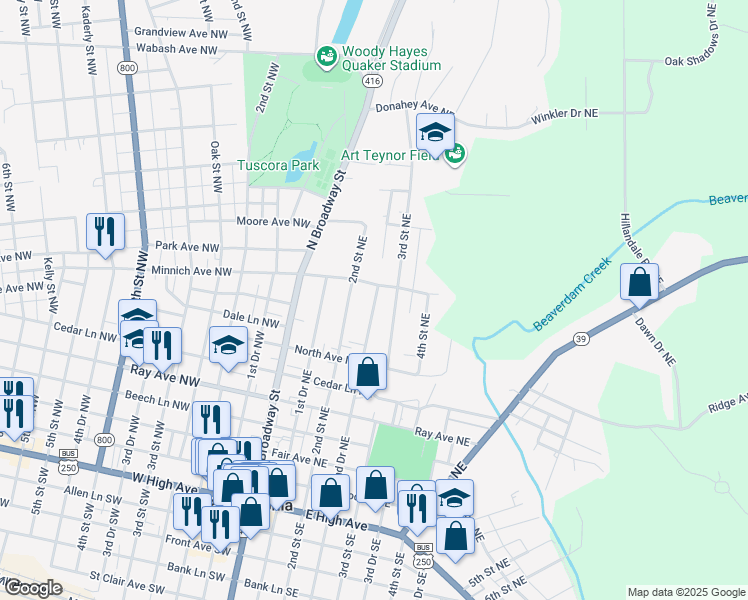map of restaurants, bars, coffee shops, grocery stores, and more near 443 2nd Street Northeast in New Philadelphia