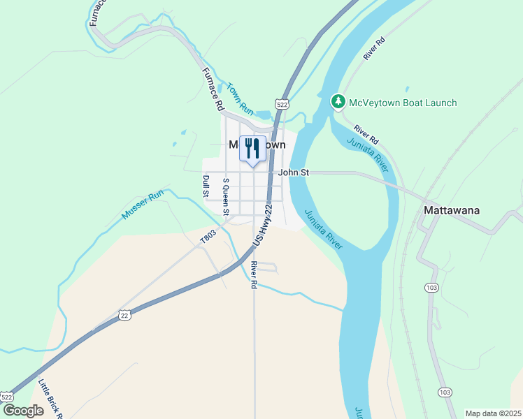 map of restaurants, bars, coffee shops, grocery stores, and more near 24 South Market Street in McVeytown
