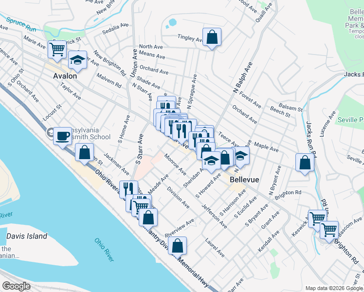 map of restaurants, bars, coffee shops, grocery stores, and more near 17 Meade Avenue in Pittsburgh