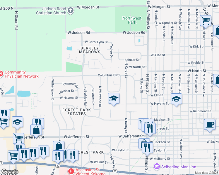 map of restaurants, bars, coffee shops, grocery stores, and more near 1651 West Elm Street in Kokomo