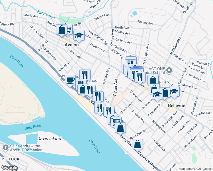 map of restaurants, bars, coffee shops, grocery stores, and more near 220 South Home Avenue in Pittsburgh