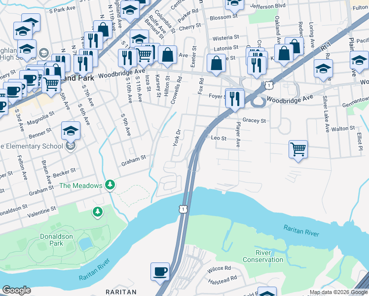 map of restaurants, bars, coffee shops, grocery stores, and more near 43 York Drive in Edison